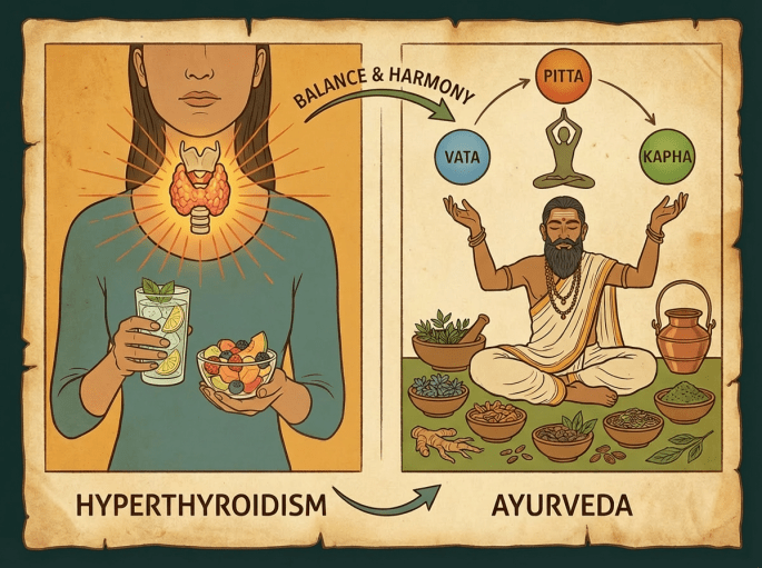 Hyperthyroidism and Ayurveda diagram showing balance through Vata, Pitta, and Kapha principles.