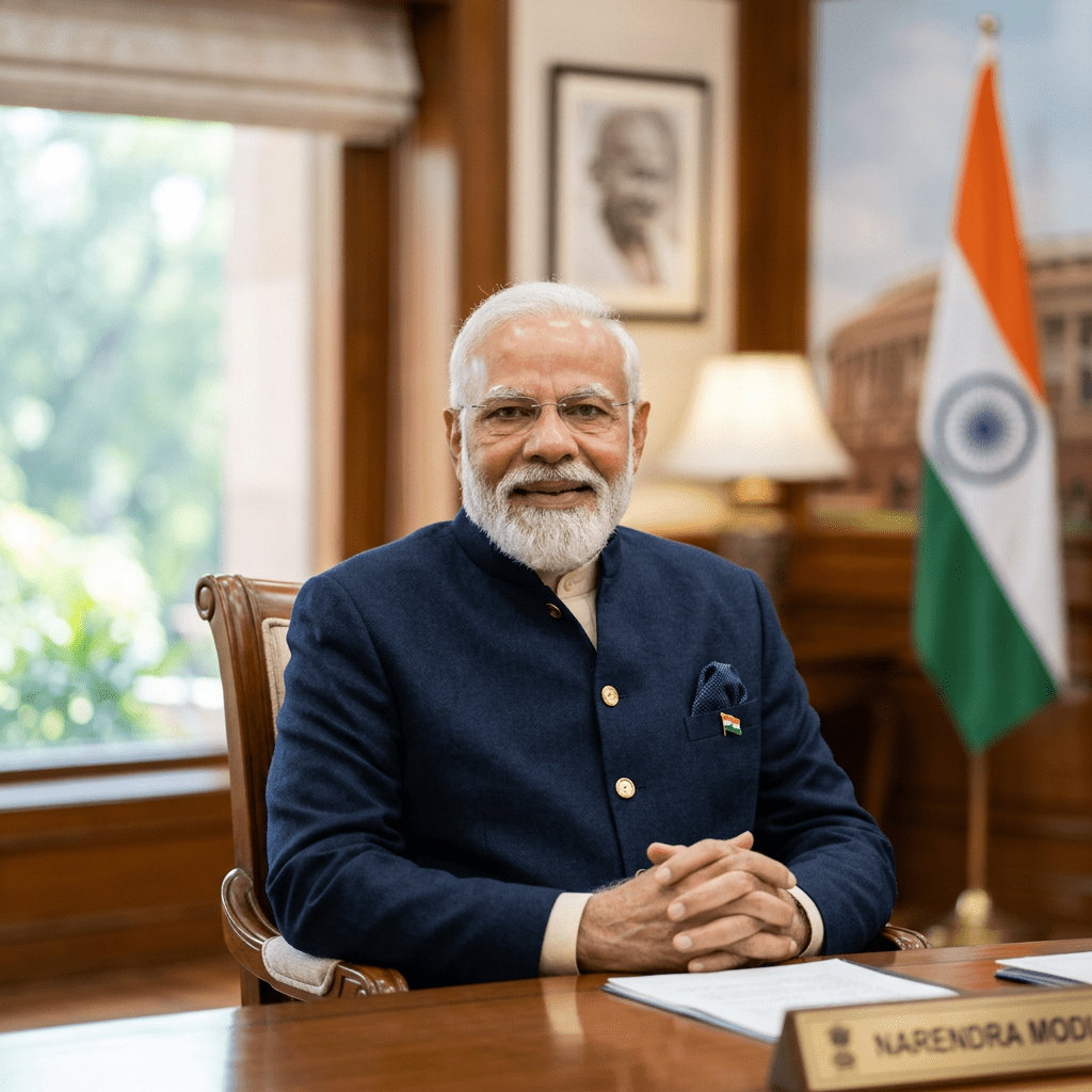 Narendra Modi sitting at desk with Indian flag and portrait in background