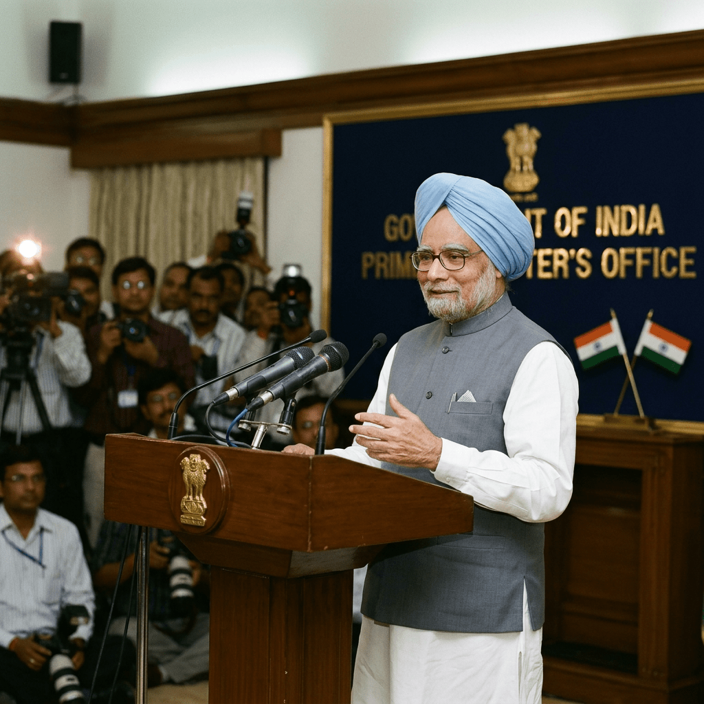 Indian Prime Minister speaking at podium in Prime Minister's Office with photographers in background