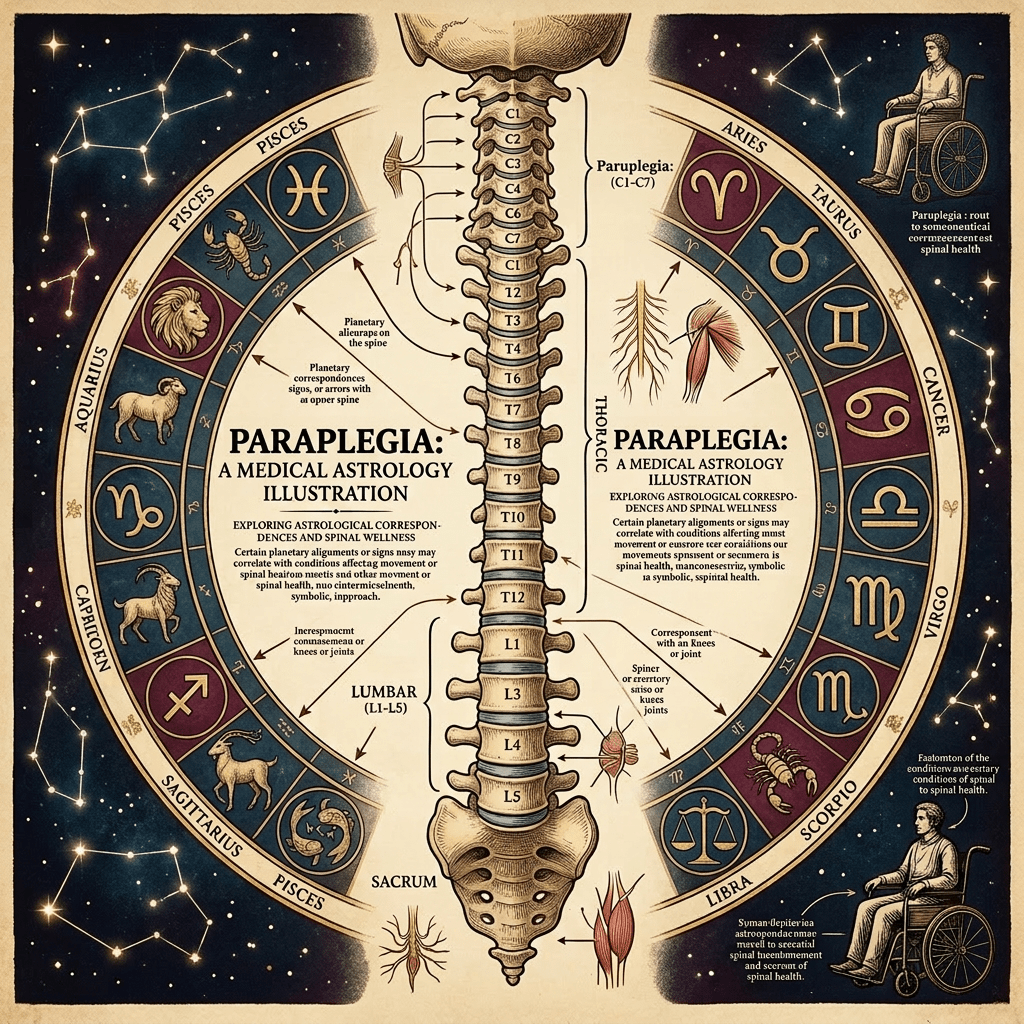 Spinal column with zodiac signs and astrological correspondences related to paraplegia and spinal health