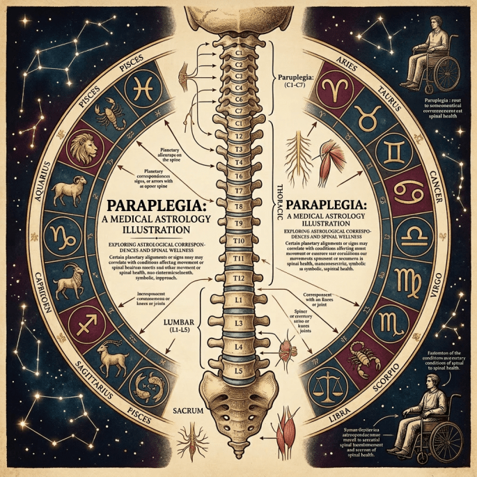 Spinal column with zodiac signs and astrological correspondences related to paraplegia and spinal health