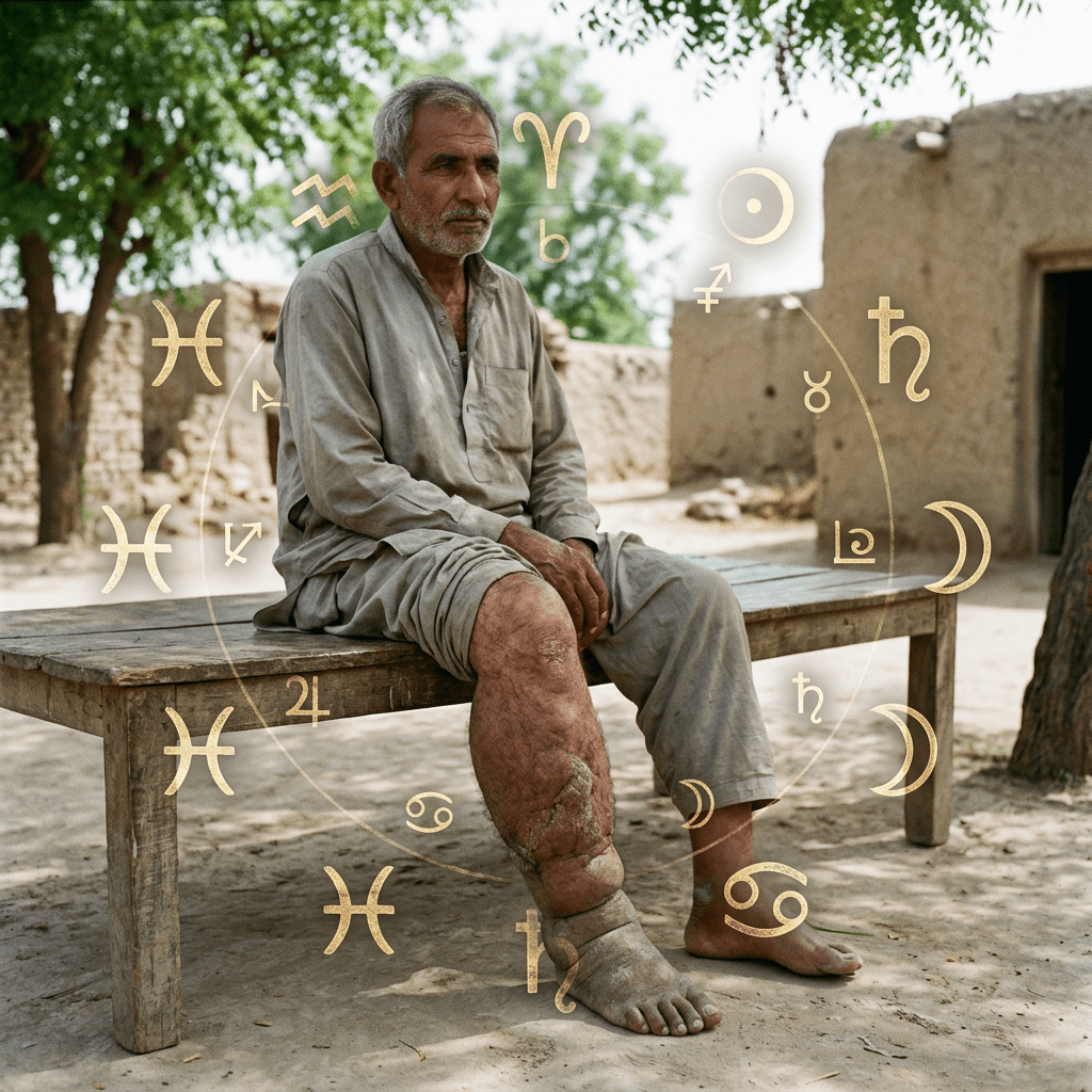 Older man with swollen and scarred leg sitting on wooden bench outside