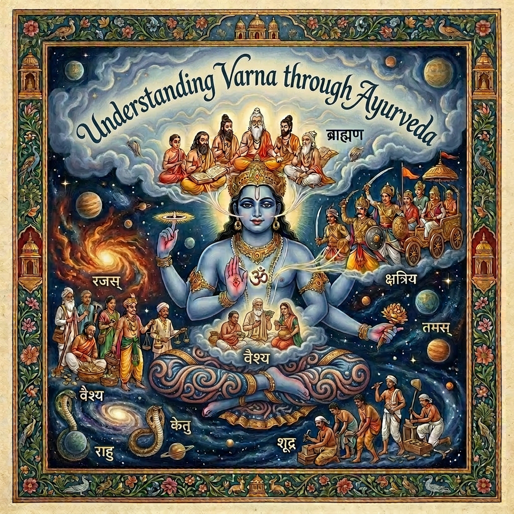 Blue-skinned divine figure seated in meditation surrounded by cosmic elements and groups of people representing Hindu varnas