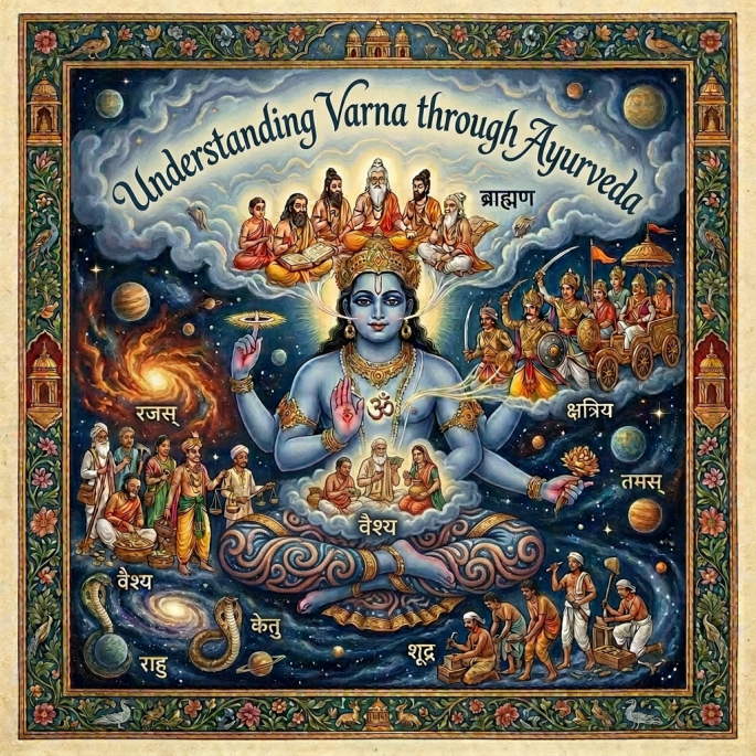 Blue-skinned divine figure seated in meditation surrounded by cosmic elements and groups of people representing Hindu varnas