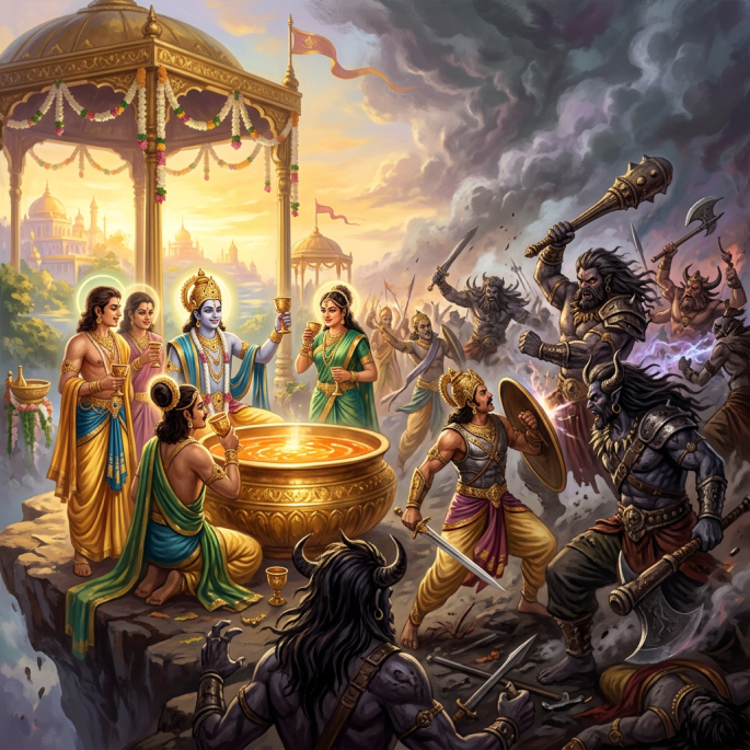 Divine figures celebrating with golden chalices near a battle between armored warriors and demons