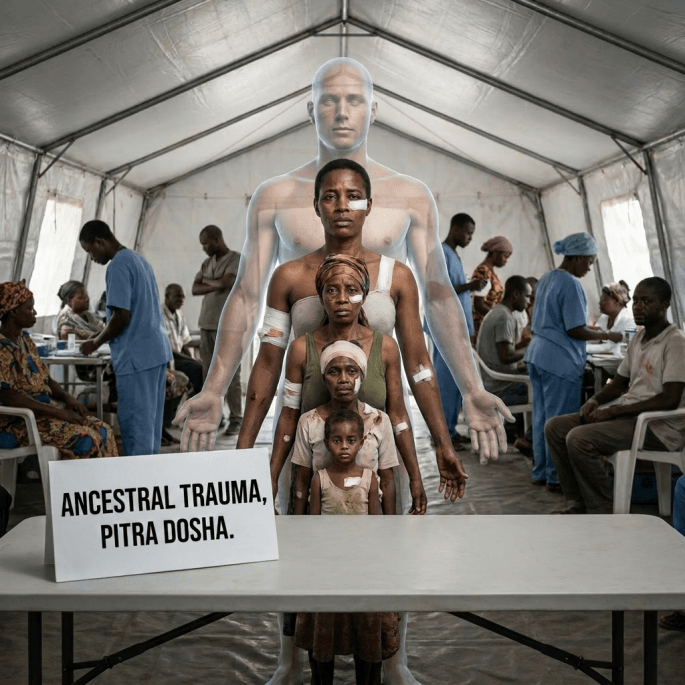 Four generations of a family with injuries standing aligned in a medical tent